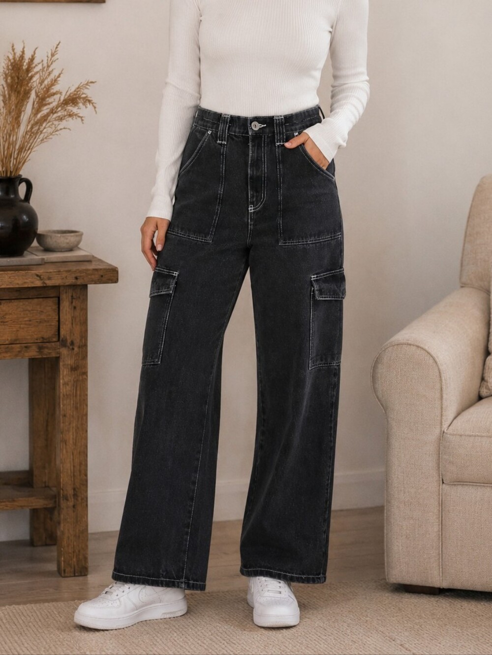 Ardene Black Cargo Jeans High Rise Sz 7